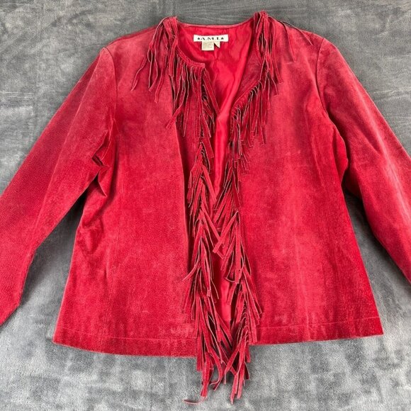 Vintatge Ami Red Leather Western Style Fringe Jacket Size Large Rodeo Cow Girl - Picture 2 of 13